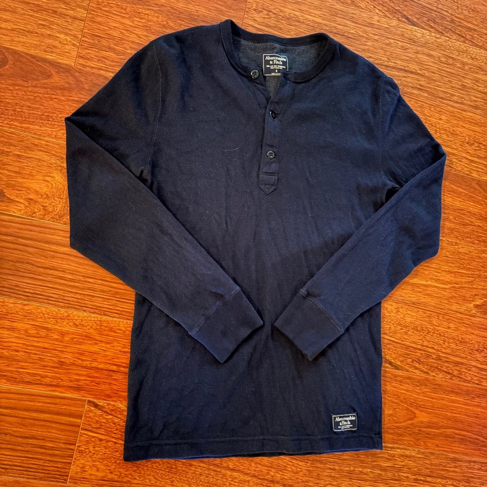 Y2K Abercrombie & Fitch Mens Navy Blue Waffle Knit Long Sleeve Henley Shirt S